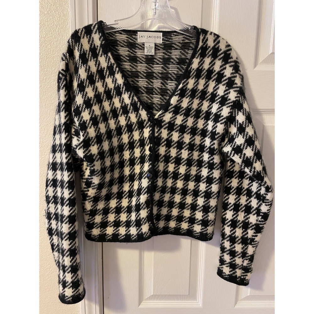 Jay Jacobs Lambswool Angora Houndstooth Pattern Cropped Cardigan Size Medium